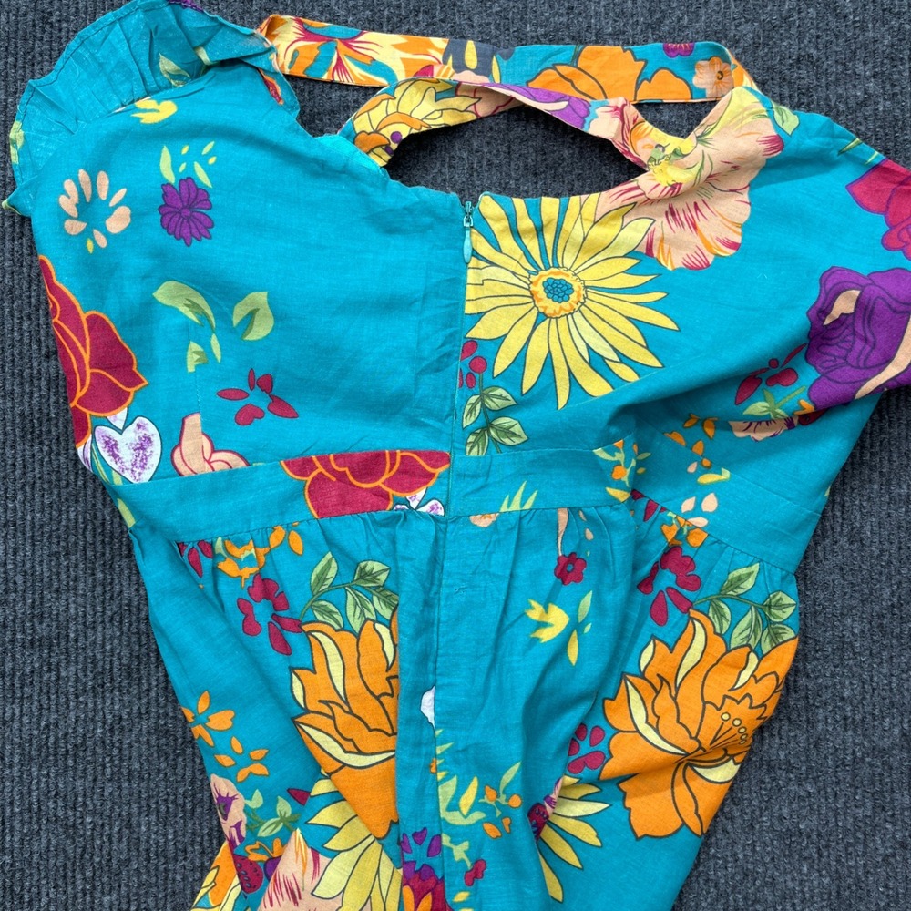 Emmelee Floral Sun Dress Turquoise Blue Ruffle Empire Waist Boho Summer Small - Picture 4 of 6